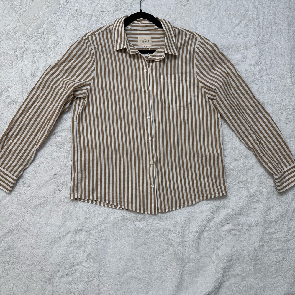 Sezane Tomboy Shirt linen striped ecru/camel  NWT size Fr 40 US 8